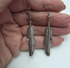 Textured Silver Tone Metal Feather Dangle Pierced Earrings