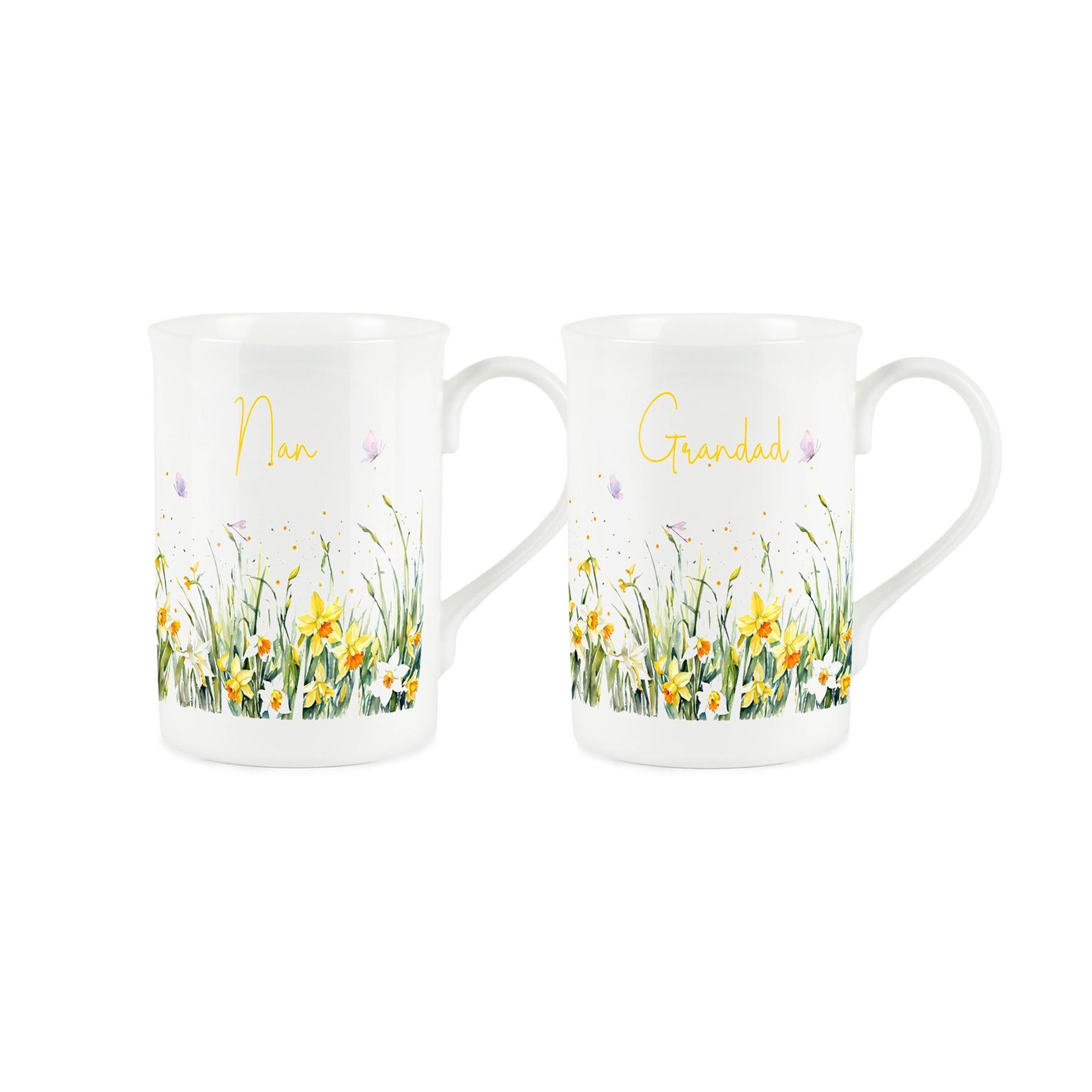 Spring Time Daffodils Nan & Grandad Mugs Set - Bone China Cups Gift