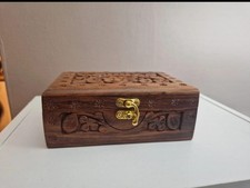 Wooden Hand Carved, Fabric Lined Trinket Box.
