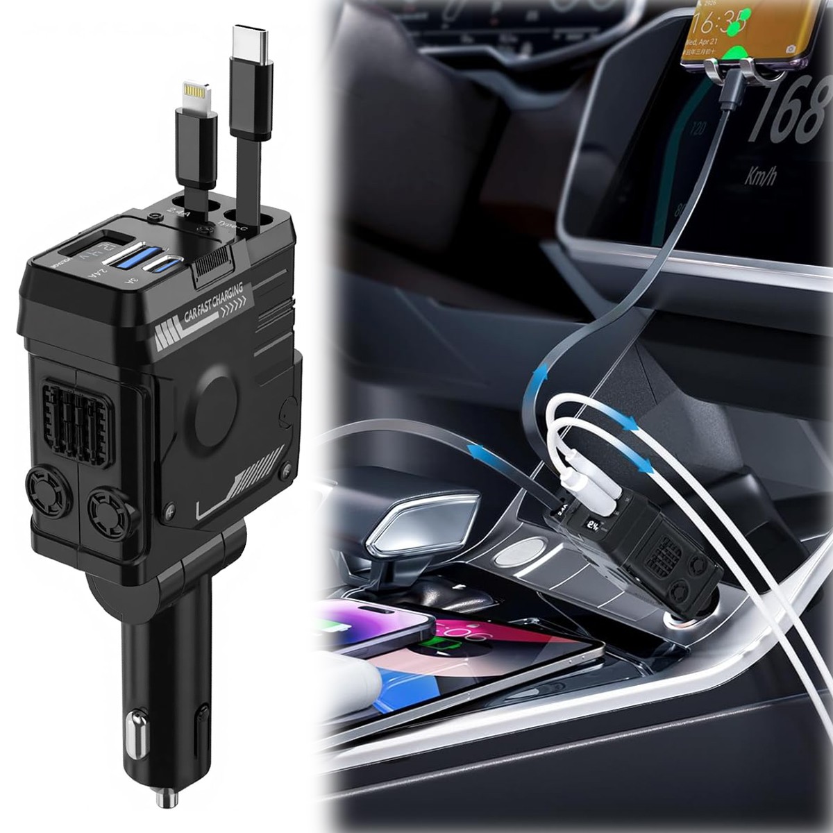 4 IN 1 Retractable Car Charger Cable Dual Port USB C PD Fast Charging Adapter
