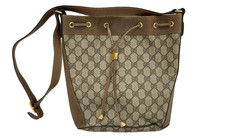 Vintage Gucci Shoulder Bag Sherry Line Drawstring GG PVC Leather Brown Designer