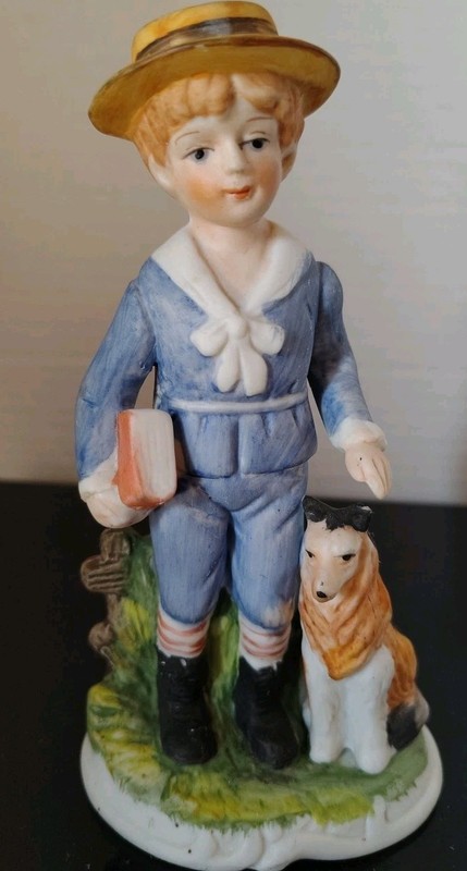 Little School Boy With Dog Has A With Crown Over It Not Sure Of Maker