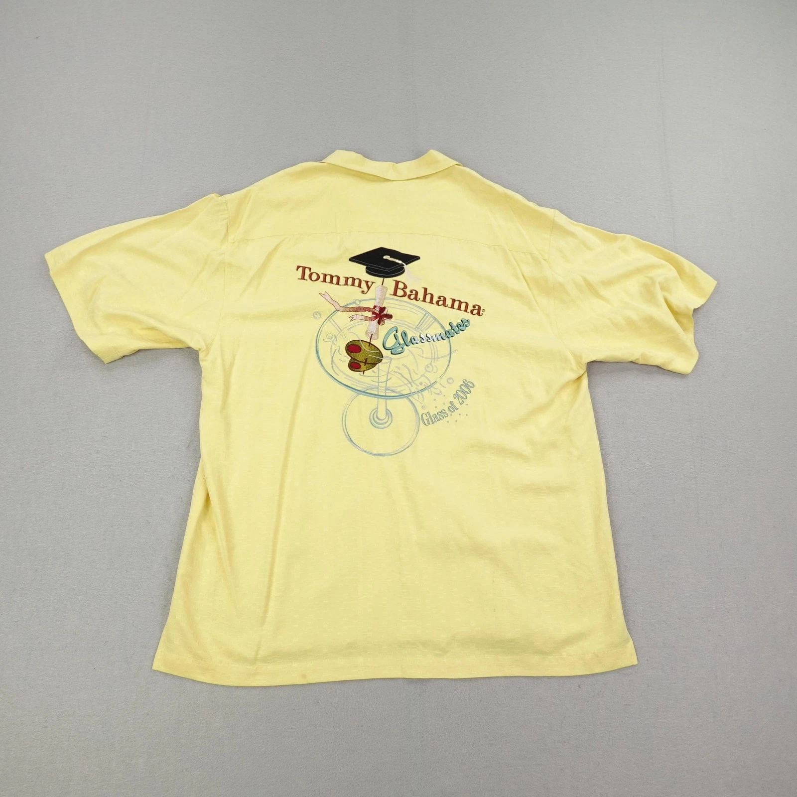 Tommy Bahama Shirt Mens Large Yellow Silk Glassmates Class of 2006 Embroidered ^
