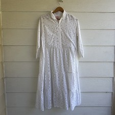 Victoria Dunn White Eyelet Midi Maxi Dress Cotton 3/4 Sleeve M Belted Lined