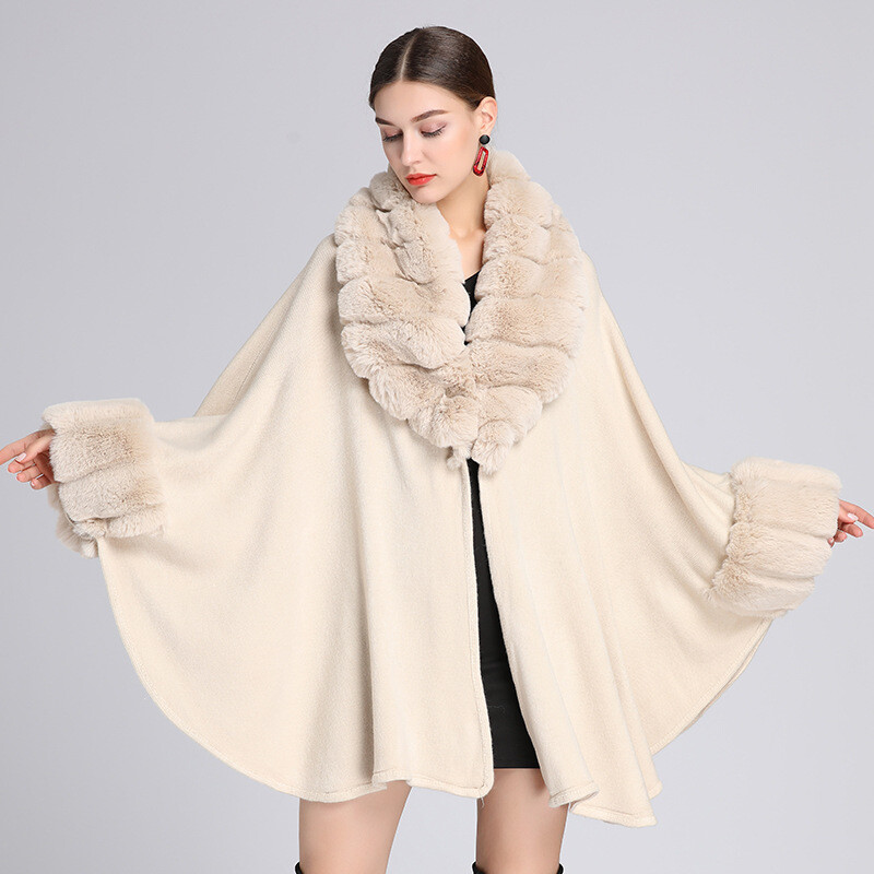Faux Rex Rabbit Fur Collar Shawl Cape Women's Large Size Knitted