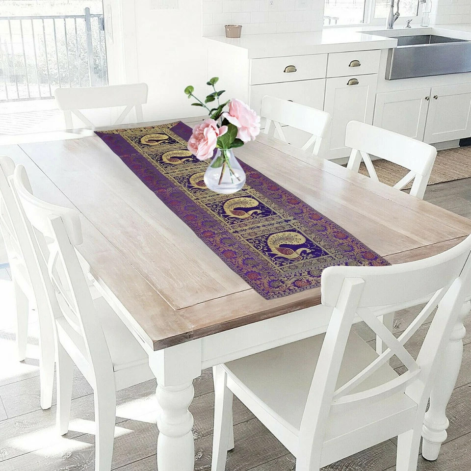 Table Runner Indian Silk Mate Cover Brocade Handmade Table Tapestry Tablecloth - Image 2 of 4