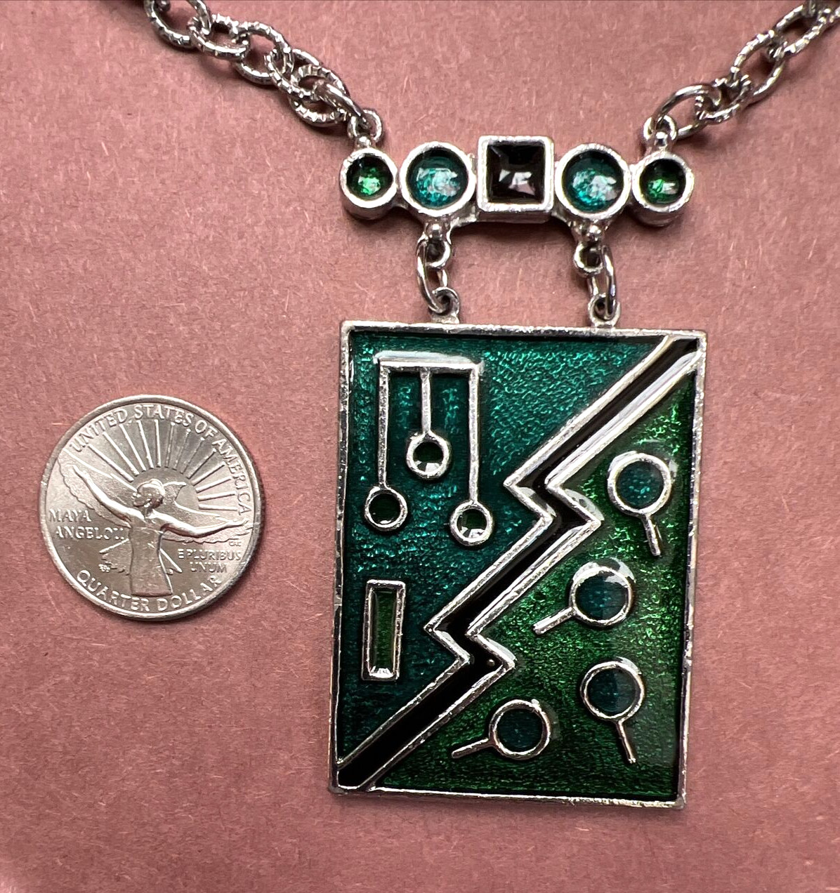 Silver Chain Necklace With Rectangular Green Enam… - image 5