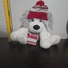 Hugfun Gray/White Puppy 12” Dog Joey Red Hat Scarf Stuffed Plush HolidayVintage 