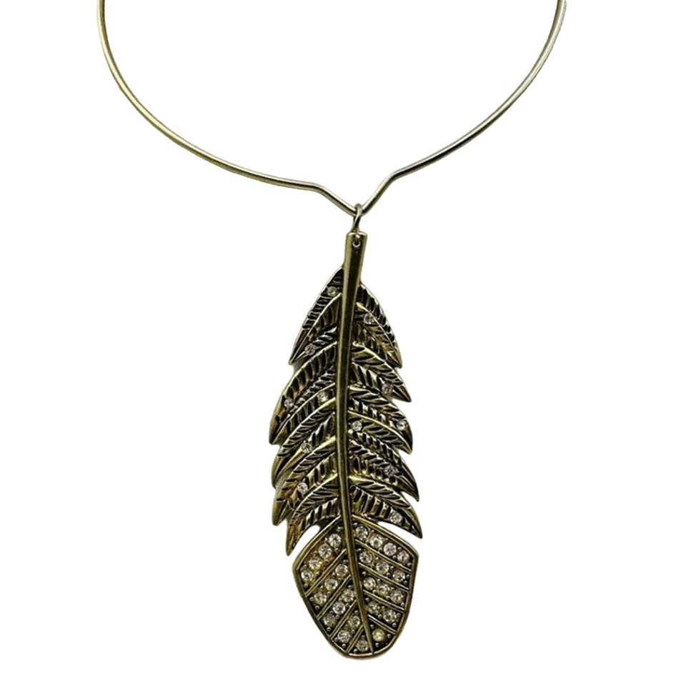 Betsey Johnson Indian Summer LgPave Feather Choker Torque Gold Tone Necklace - Image 3 of 4