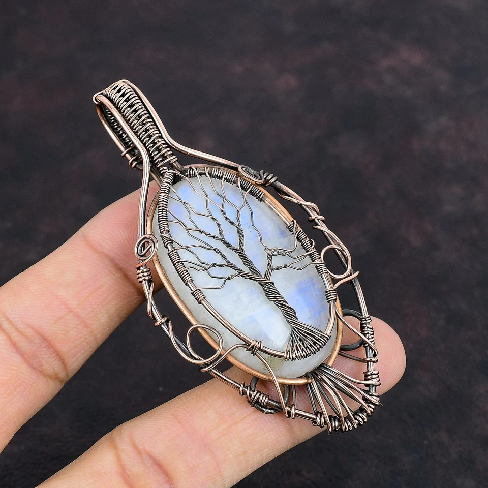 Arco Iris Piedra Luna Cobre Regalo San Valentín Alambre Envuelto Árbol de la Vida Colgante 3.31" Foto 2 de 4