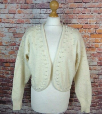 Vintage wedding bridal pearl beaded ivory soft angora bolero shrug cardigan  12