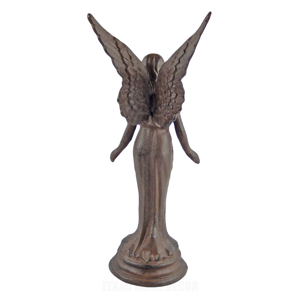 Estatuilla grande de jardín de ángel de la guarda estatua de hierro fundido marrón antiguo 14,5 pulgadas Foto 4 de 4