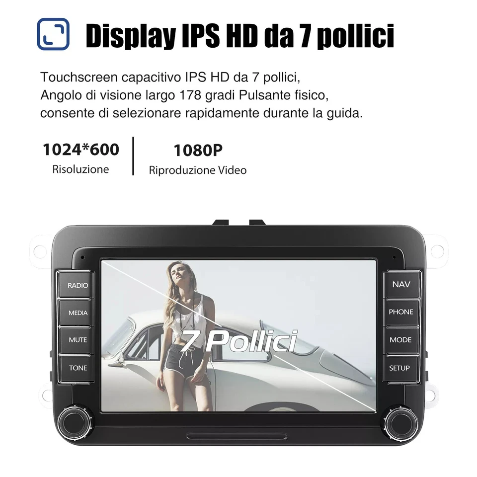 AUTORADIO 2DIN 32G ANDROID 13 CARPLAY GPS WIFI RDS PER VW GOLF 5 6 POLO PASSAT - Immagine 3 di 4