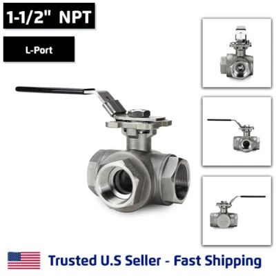 ATLANTIC VALVES 1-1/2" 3-Way L-Port Ball Valve, Stainless Steel, NPT Threaded, 1000PSI