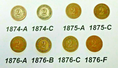 Bulk Lot of 8 different GERMANY 2 Pfennig coins 1874 to 1876  KM#2