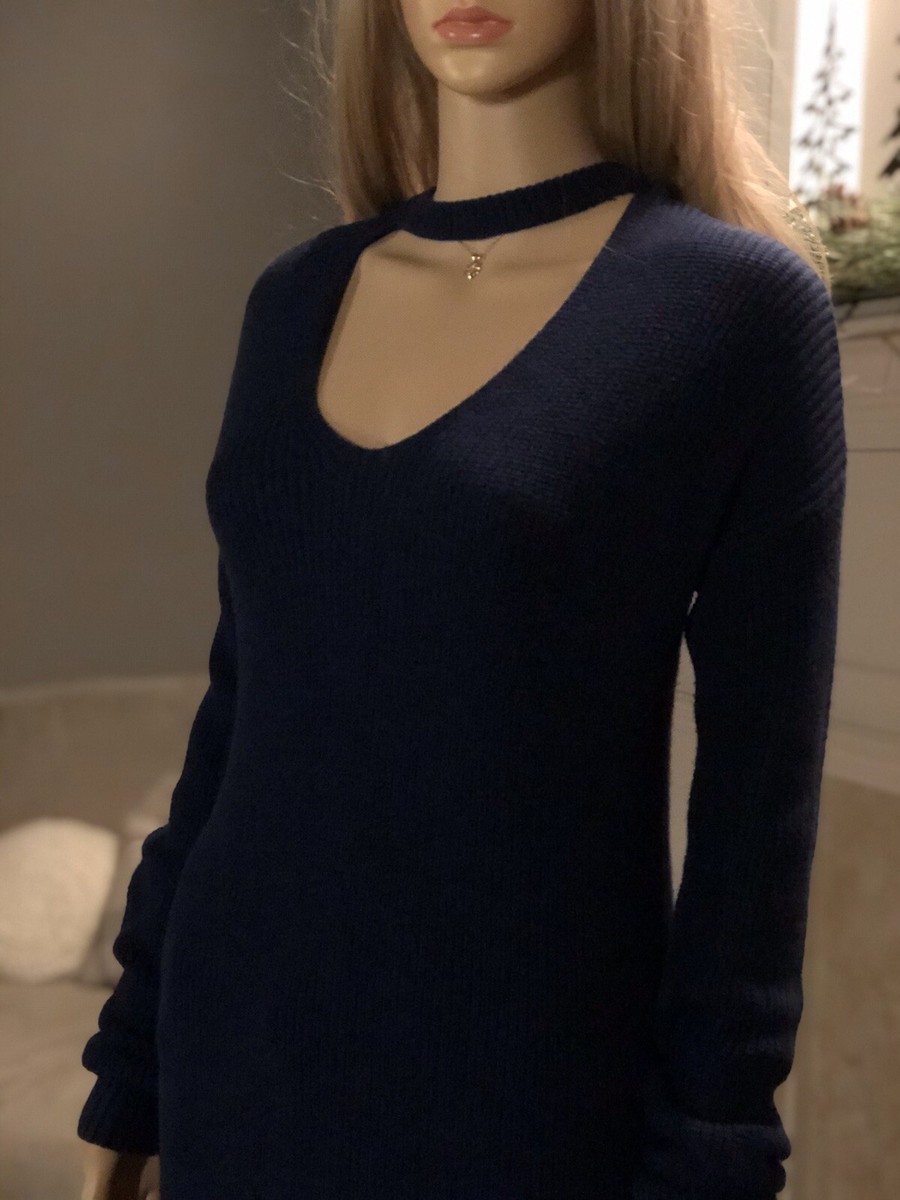 VINCE CAMUTO S VNeck Choker Royal Blue Knit Long Sleeve Oversize