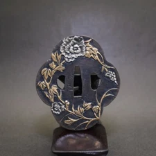 TSUBA samurai sword guard peony design koshirae katana wakizashi F/S