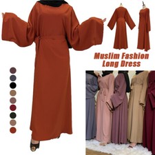 Dubai Maxi Dress Middle East Muslim Solid Color Lace Up Dress Loose Robe Gown