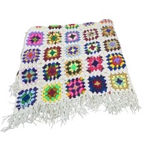 Vintage Handmade Crochet Granny Square Afghan Throw Blanket Multi-Color 82x48