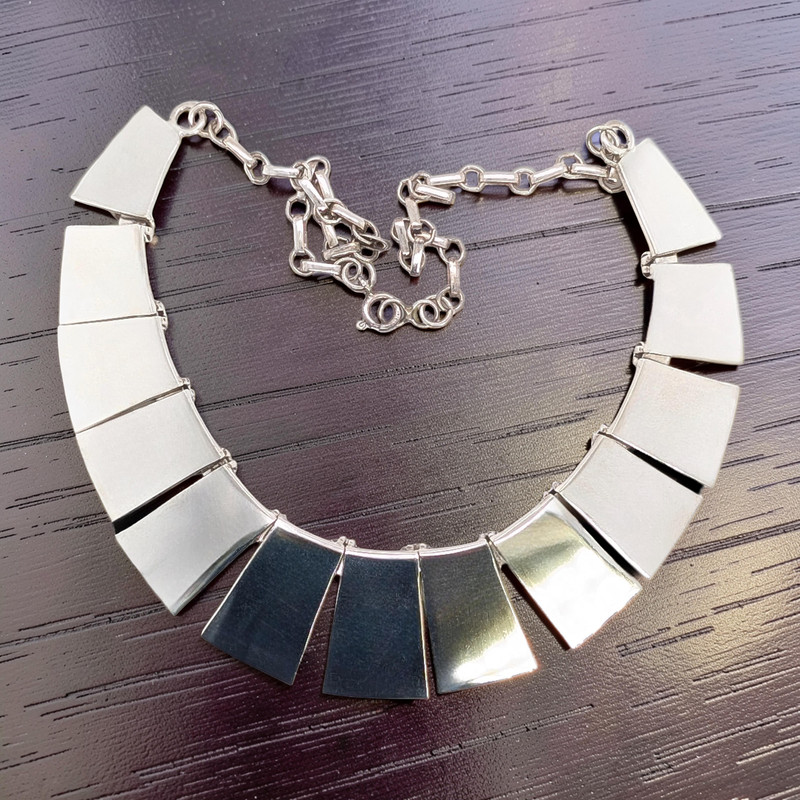 VINTAGE HANDMADE STERLING SILVER PANEL LINK BIB COLLAR 17.5" NECKLACE #7891