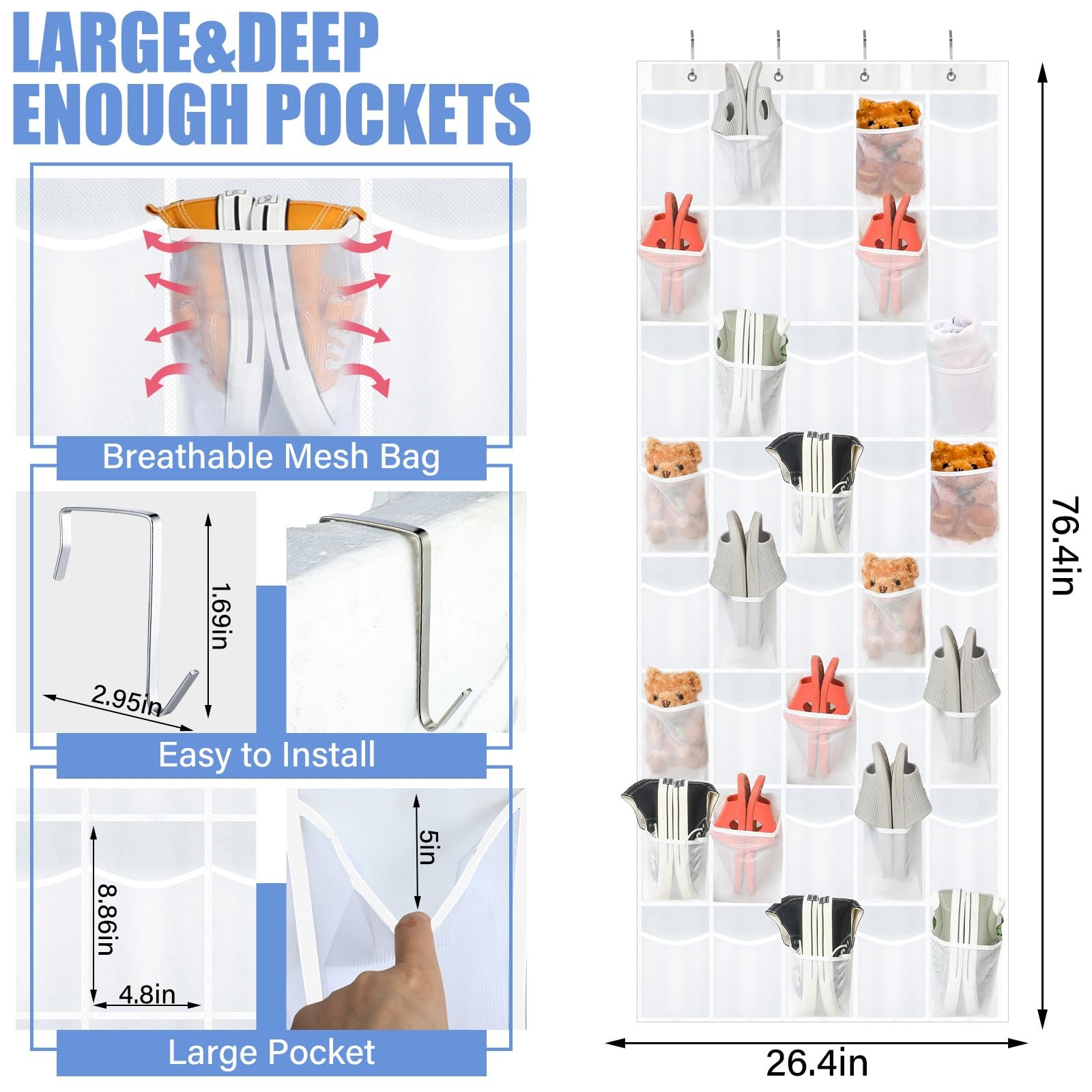 Best Windyun 40 Over the Door Shoe Organizer Large Breathable Mesh Pocket Clear