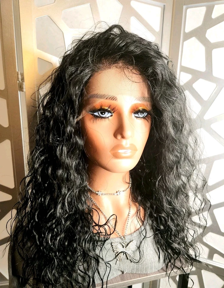 Peluca ondulada negra azabache 13x6 frente de encaje mezcla de cabello humano peluca rizada calor sin pegamento - Imagen 3 de 4
