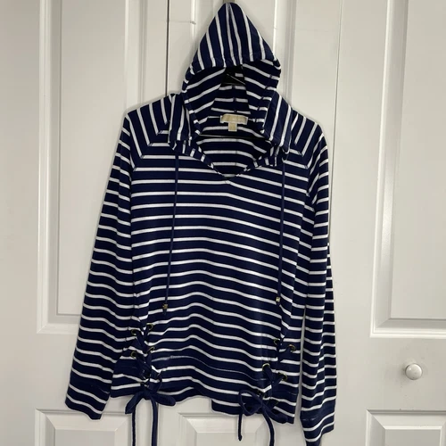 Felpa con cappuccio pullover Michael Kors taglia large blu navy manica lunga a righe misto cotone