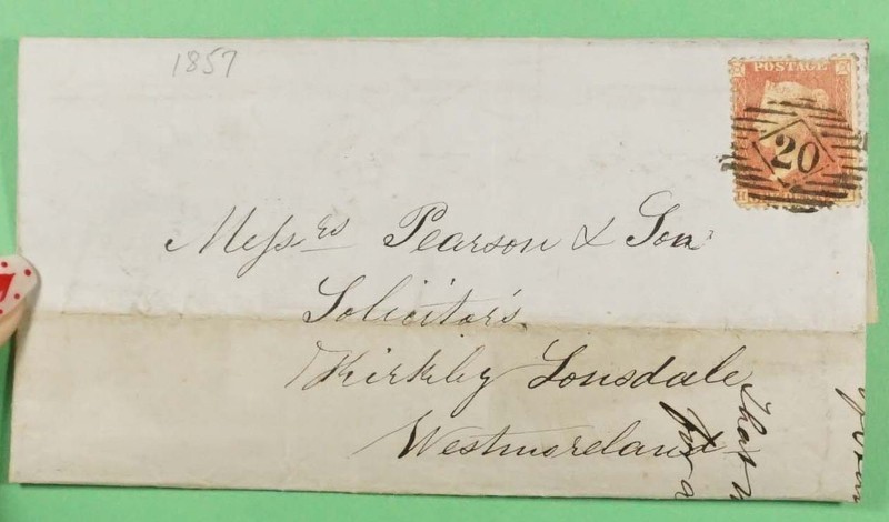 DR WHO 1857 GB F/L FANCY CANCEL 20 TO WESTMORELAND R36438