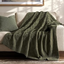 Modern Checkered Chenille Throw Blanket Plaid Knitted Olive Green 50x60 Inch