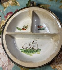 Vintage Porcelain Baby Bowl Dish Warming Divided W/bunnies In Time For Easter