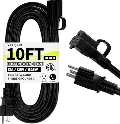 16/3 Black Indoor Outdoor Extension Cord 10 Ft Waterproof, Extension Cord