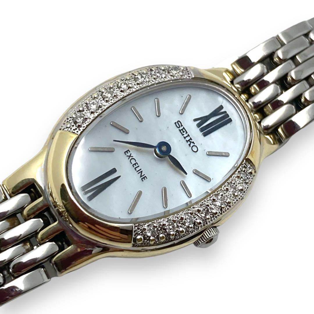 SEIKO EXCELINE Oval 14P Diamonds Bezel Ladies Wristwatches