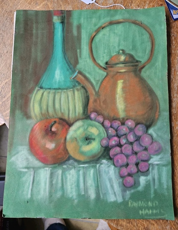Vintage Original Pastel Fruit Still Life Chalk Drawing on Felt 