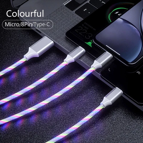 Wholesale 3 IN 1 Flowing LED Light Fast Charging Cable USB Cord For iPhone Bulk - Picture 9 of 20