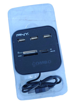 PNY USB 2.0 Flash Card Reader & USB Hub. SD, Micro SD, M2, 3 USB Ports 