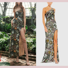 NWT $698 Mac Duggal [ 4 ] 49574 Embellished Floral One Shoulder Gown Black J637