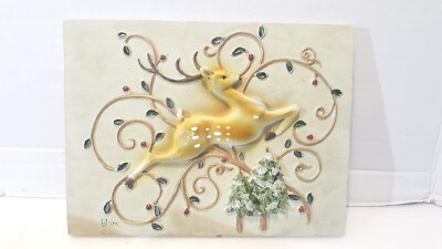 Vintage Reindeer Pinetree Wall 3D Resin Plaque 8''x 6   Signed Blum
