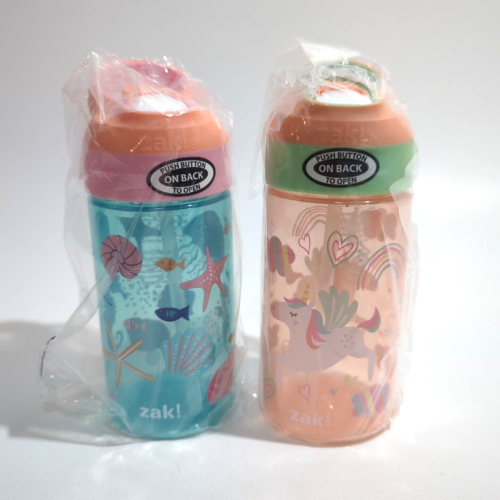 (2) Zak Designs 16oz Riverside Kids Water Bottle w/ Spout Cover Unicorn & Shells