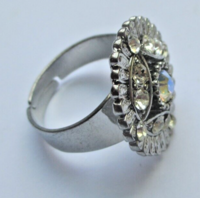 Bague Vintage Argentée à Cristaux Boréalis - Taille Réglable - Ancien Stock Bijouterie