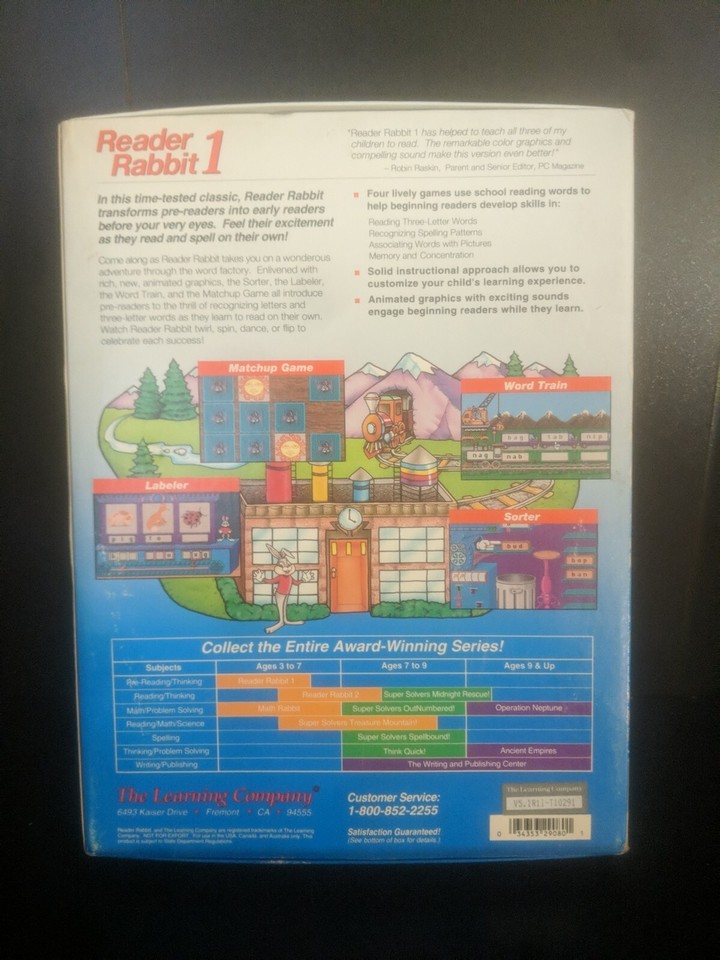 Reader Rabbit 1 Ages 3-6 The Learning Company floppy disc ~ tr8#9 ...