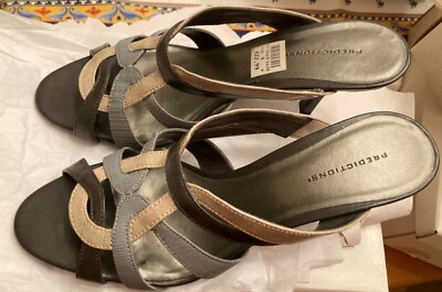 Predictions slip-on heel (about 3inch) sandal, brown, tan, gray, cream weave, 8W