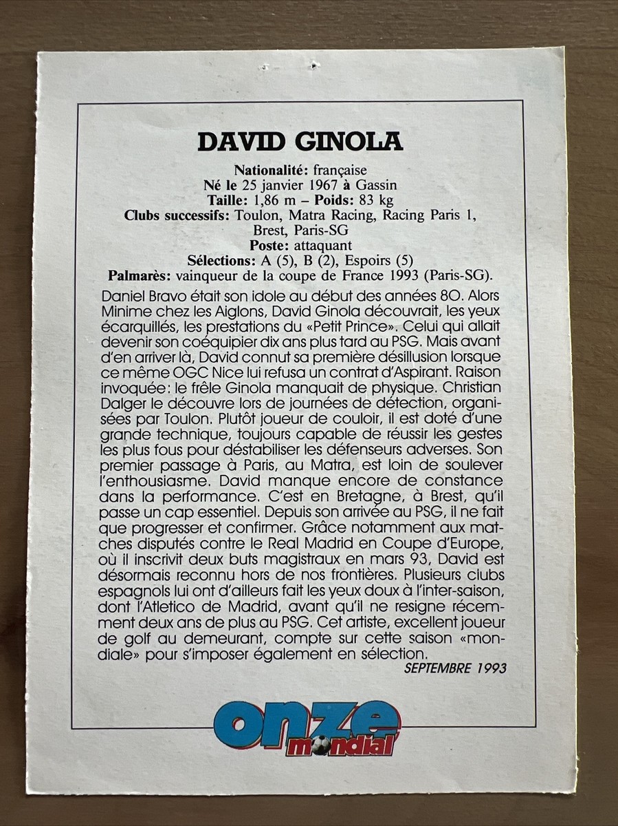 Carte Ginola Paris Saint Germain football Premium card panini 1995 95