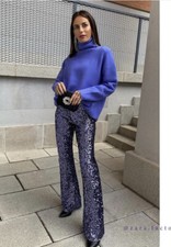 Zara Lilac Sequinned Sequin Flared Hem Leggings Trousers Size M 80s 90s Party