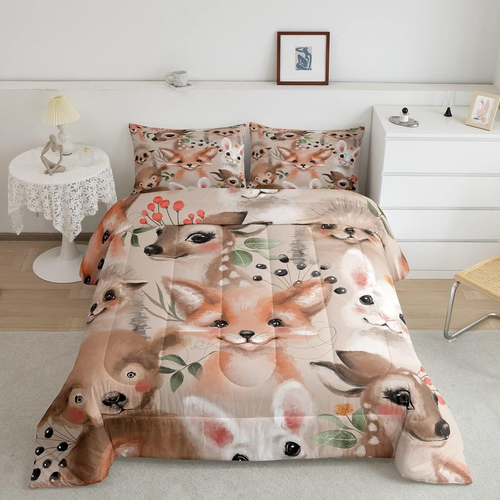 Kawaii Animals Comforter Set Queen Size,Cute Fox Deer Rabbit Bedding Set Kids Yo