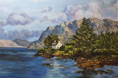 Oil painting Peaceful Lakeside Cottage Landscape  11.8'' x 7.8''