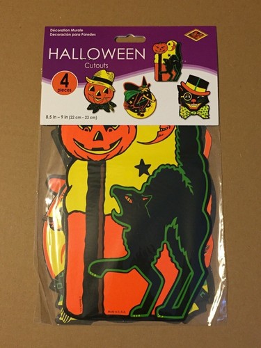 VINTAGE HALLOWEEN RETRO BEISTLE 4 CT CUTOUTS 8.5" - 9" (PUMPKIN,WITCH, CAT.....)