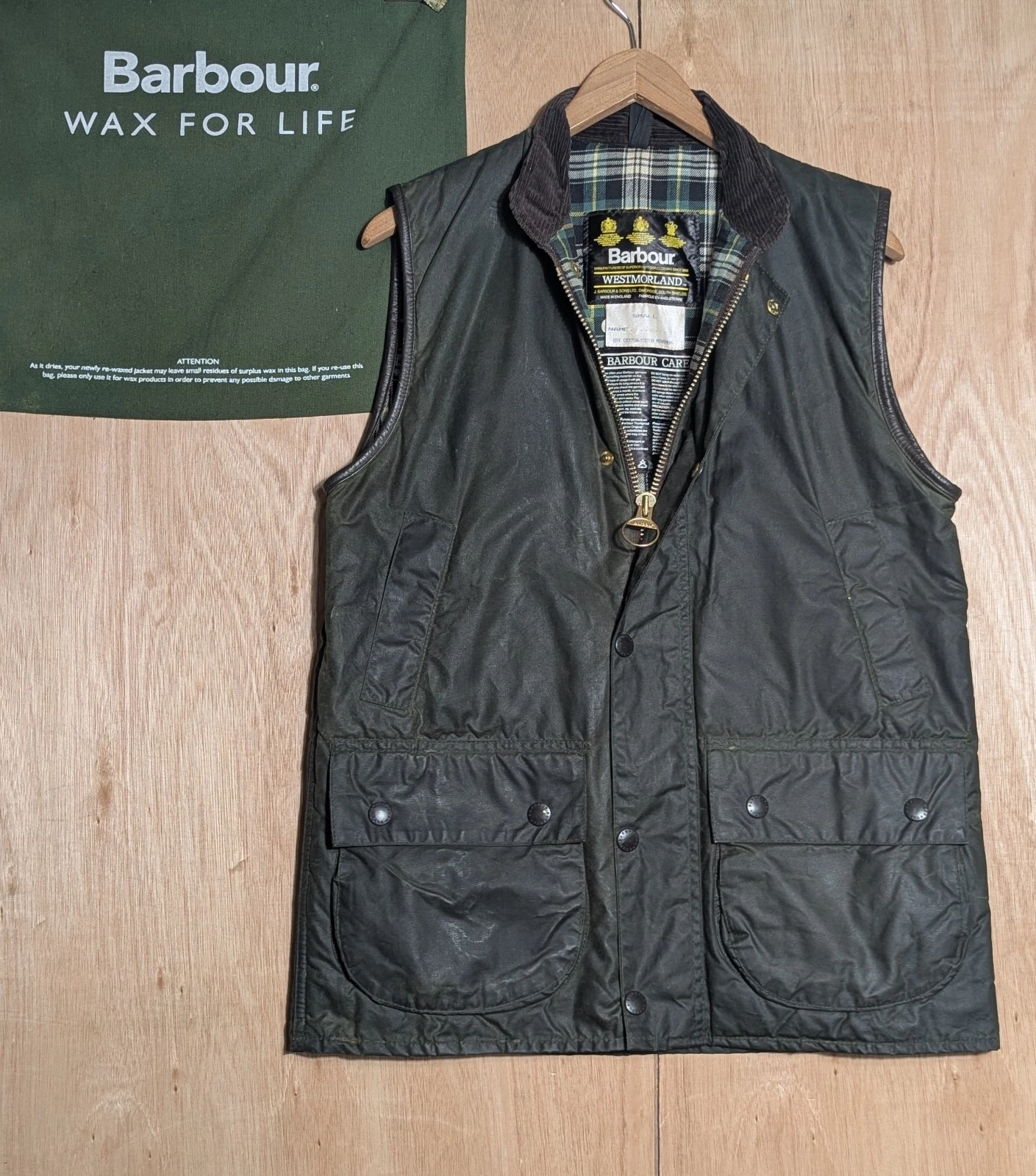 Men's Barbour A220 Westmorland Waxed Green Gilet Size Small 1990 Made In England