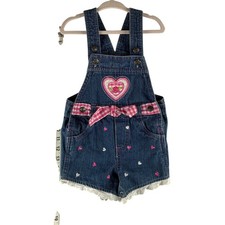 Vintage Toddler Girls 18 Month Snap Bottom Overalls Short Alls Hearts Lace Plaid