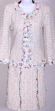 ST.JOHN Women's Tweed Cream Blue Pink Green Ruffle Trim Jacket Skirt Sz 8-10