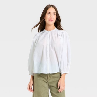 Women Puff Long Sleeve Banded Collar Neck Blouse - Universal Thread